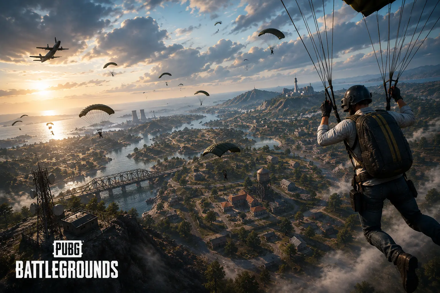 PUBG Mobile helmet, backpack, and rifle overlooking the battlegrounds at sunset